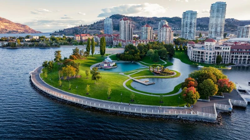 Aerial view of Waterfront Park and downtown Kelowna in autumn